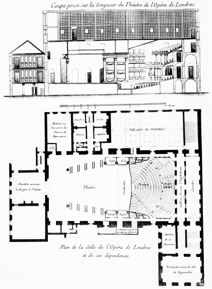 Source: “Plate 26: Opera House, Haymarket.” Survey of London: Volumes 29 and 30, St James Westminster, Part 1. Ed. F H W Sheppard. London: London County Council, 1960. British History Online. Web. 27 August 2018. http://www.british-history.ac.uk/survey-london/vols29-30/pt1/plate-26.